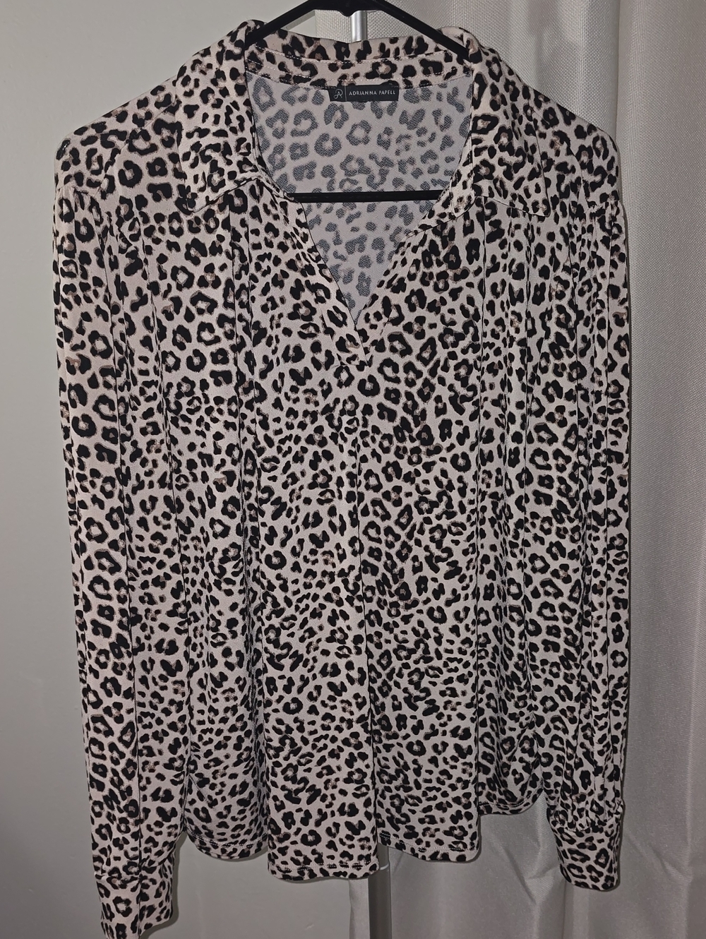 Adrianna Papell Pink and Black Leopard Print Button-Down Top